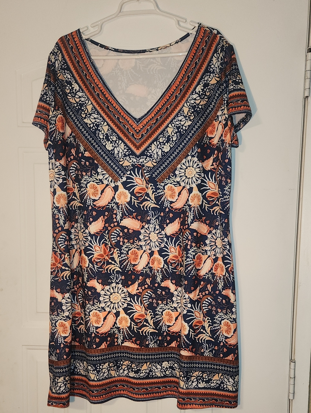 Floral V-Neck Midi Dress in Navy and Peach